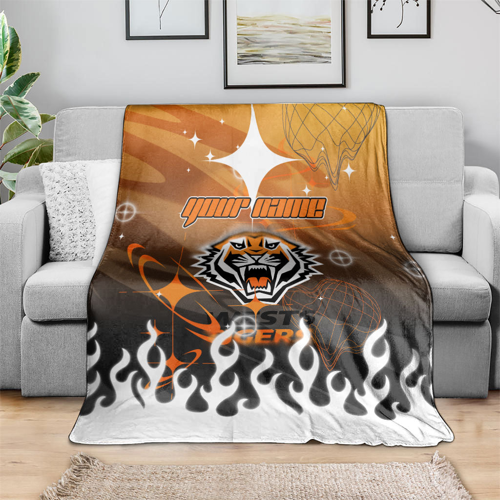 Personalized Wests Tigers Blanket Y2K Grunge Aesthetic With Cyber Flames and Starburst Graphics
