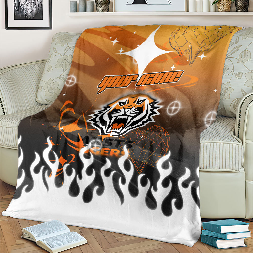 Personalized Wests Tigers Blanket Y2K Grunge Aesthetic With Cyber Flames and Starburst Graphics