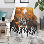 Personalized Wests Tigers Blanket Y2K Grunge Aesthetic With Cyber Flames and Starburst Graphics