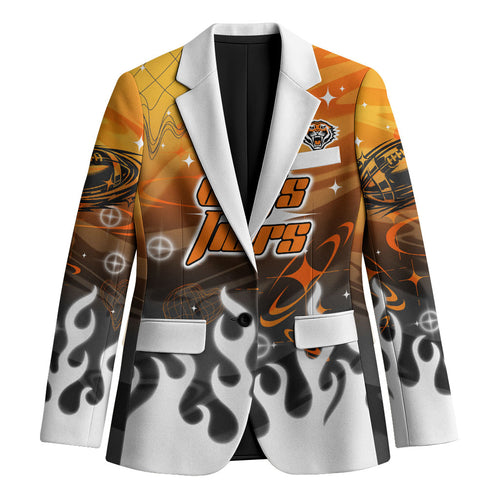 Personalized Wests Tigers Blazer Y2K Grunge Aesthetic With Cyber Flames and Starburst Graphics