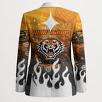 Personalized Wests Tigers Blazer Y2K Grunge Aesthetic With Cyber Flames and Starburst Graphics