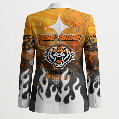 Personalized Wests Tigers Blazer Y2K Grunge Aesthetic With Cyber Flames and Starburst Graphics