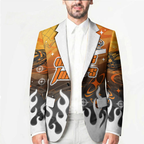 Personalized Wests Tigers Blazer Y2K Grunge Aesthetic With Cyber Flames and Starburst Graphics