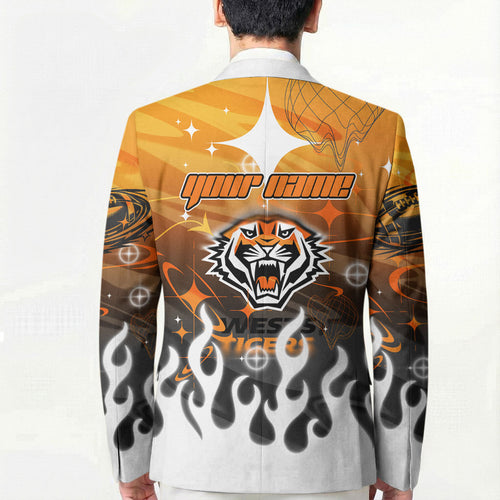 Personalized Wests Tigers Blazer Y2K Grunge Aesthetic With Cyber Flames and Starburst Graphics