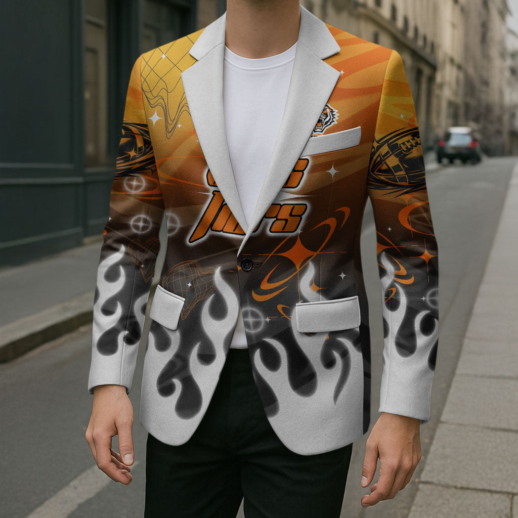 Personalized Wests Tigers Blazer Y2K Grunge Aesthetic With Cyber Flames and Starburst Graphics