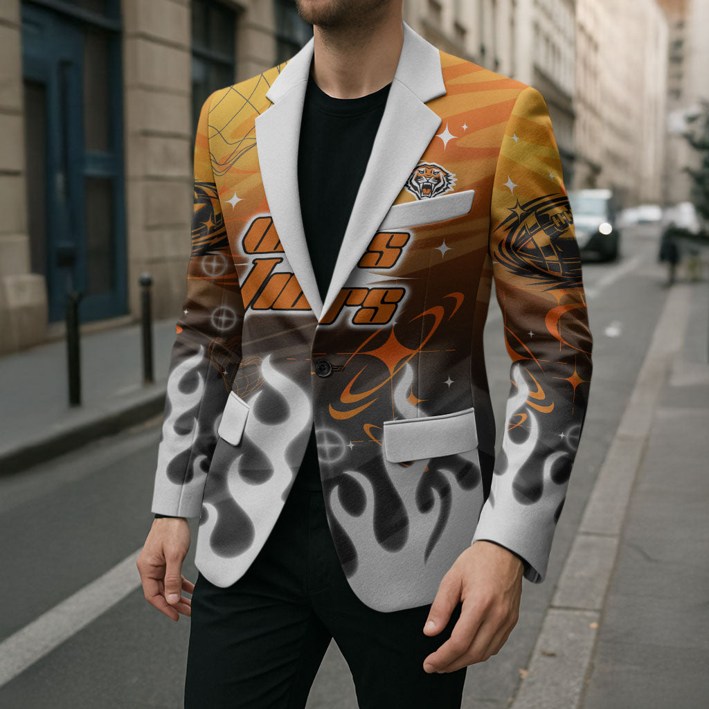 Personalized Wests Tigers Blazer Y2K Grunge Aesthetic With Cyber Flames and Starburst Graphics