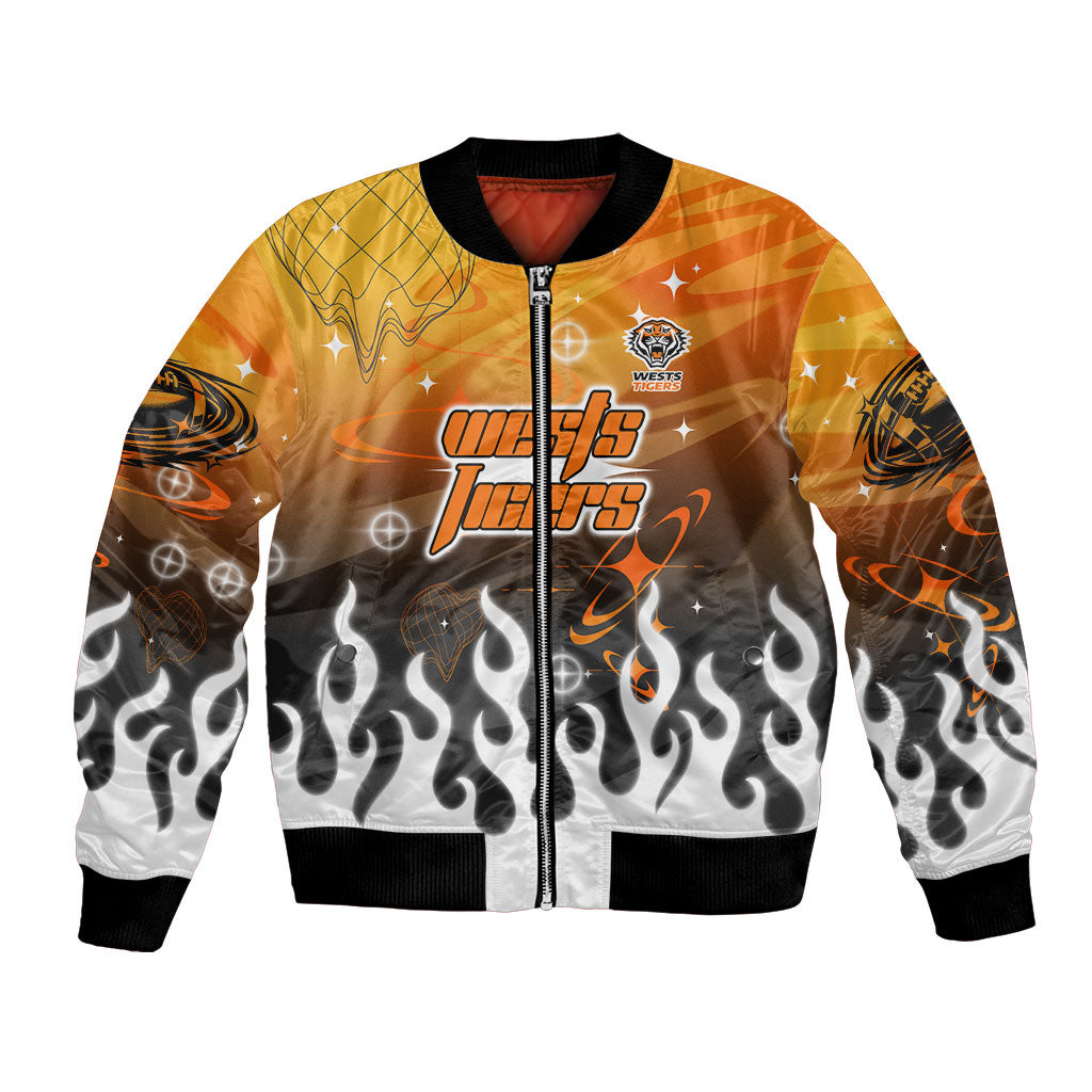 Personalized Wests Tigers Bomber Jacket Y2K Grunge Aesthetic With Cyber Flames and Starburst Graphics