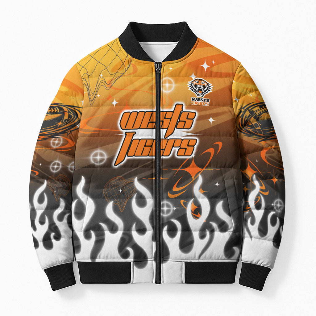 Personalized Wests Tigers Bomber Puffer Jacket Y2K Grunge Aesthetic With Cyber Flames and Starburst Graphics