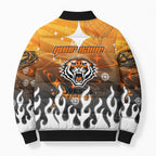 Personalized Wests Tigers Bomber Puffer Jacket Y2K Grunge Aesthetic With Cyber Flames and Starburst Graphics