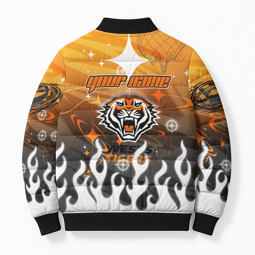 Personalized Wests Tigers Bomber Puffer Jacket Y2K Grunge Aesthetic With Cyber Flames and Starburst Graphics