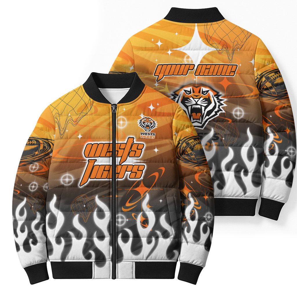 Personalized Wests Tigers Bomber Puffer Jacket Y2K Grunge Aesthetic With Cyber Flames and Starburst Graphics