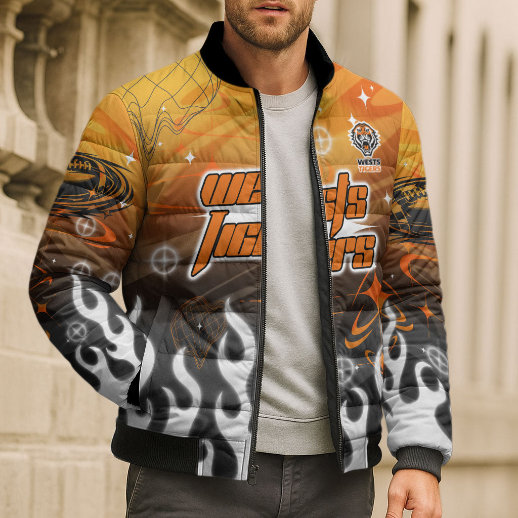 Personalized Wests Tigers Bomber Puffer Jacket Y2K Grunge Aesthetic With Cyber Flames and Starburst Graphics