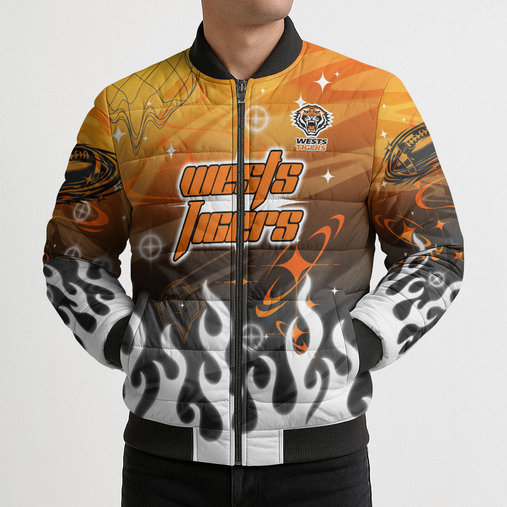 Personalized Wests Tigers Bomber Puffer Jacket Y2K Grunge Aesthetic With Cyber Flames and Starburst Graphics
