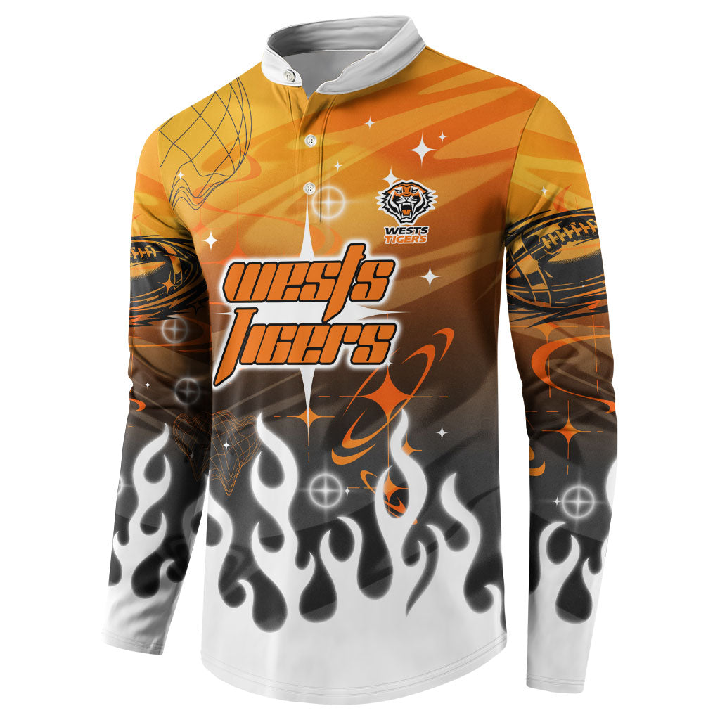 Personalized Wests Tigers Button Sweatshirt Y2K Grunge Aesthetic With Cyber Flames and Starburst Graphics
