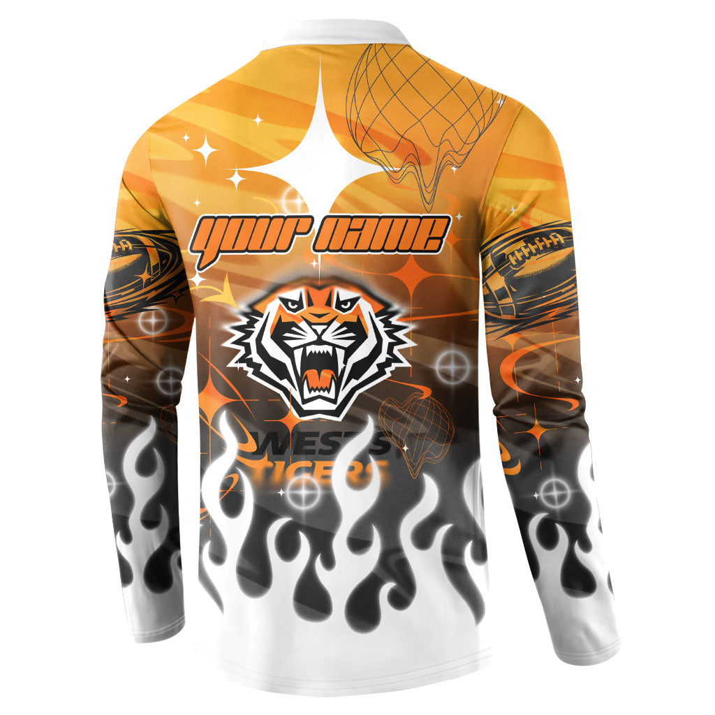 Personalized Wests Tigers Button Sweatshirt Y2K Grunge Aesthetic With Cyber Flames and Starburst Graphics