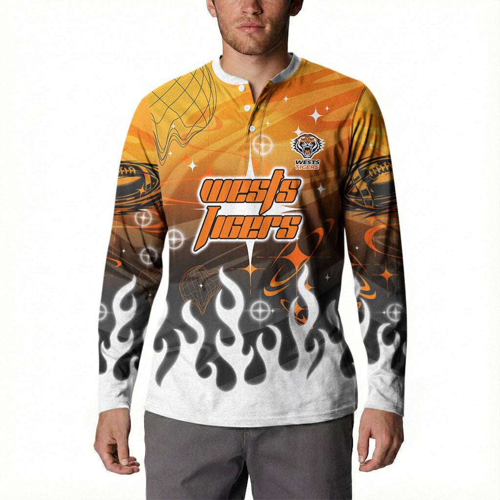 Personalized Wests Tigers Button Sweatshirt Y2K Grunge Aesthetic With Cyber Flames and Starburst Graphics