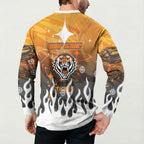 Personalized Wests Tigers Button Sweatshirt Y2K Grunge Aesthetic With Cyber Flames and Starburst Graphics