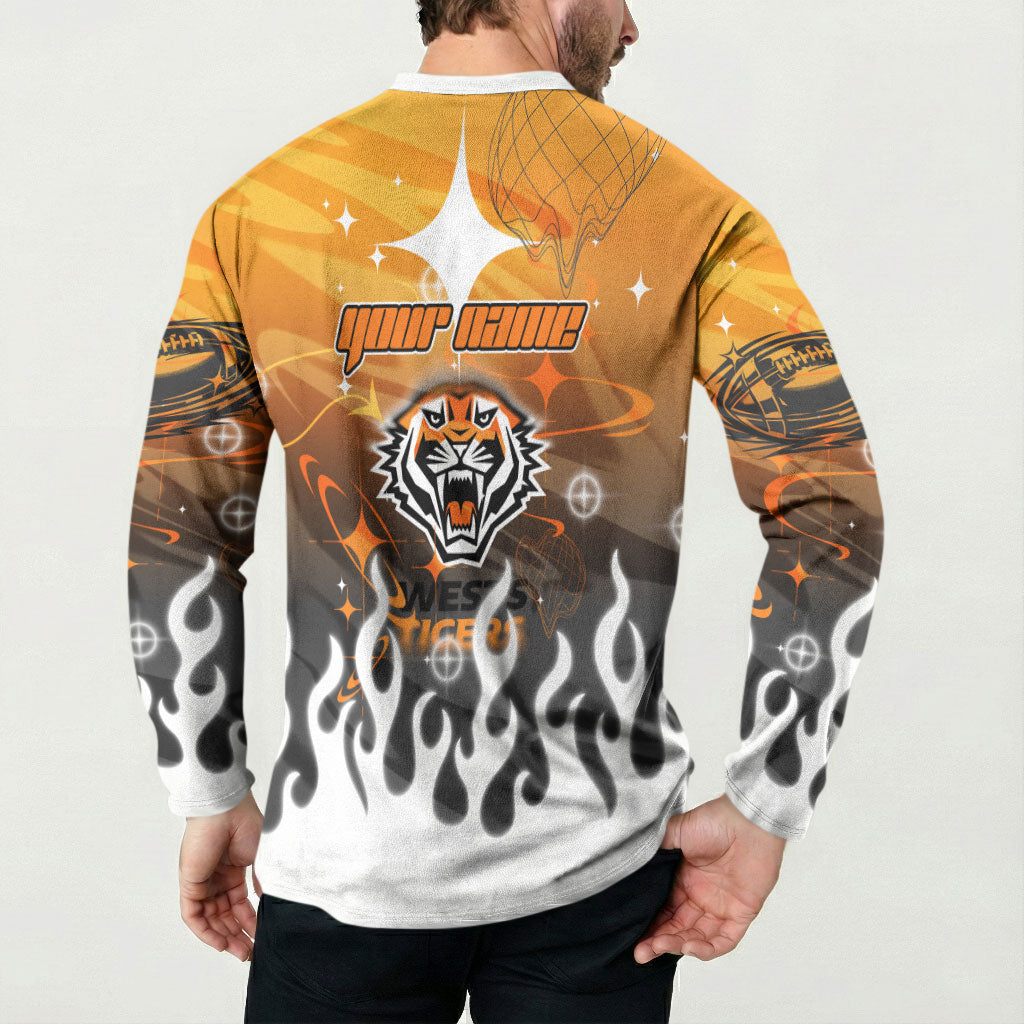 Personalized Wests Tigers Button Sweatshirt Y2K Grunge Aesthetic With Cyber Flames and Starburst Graphics