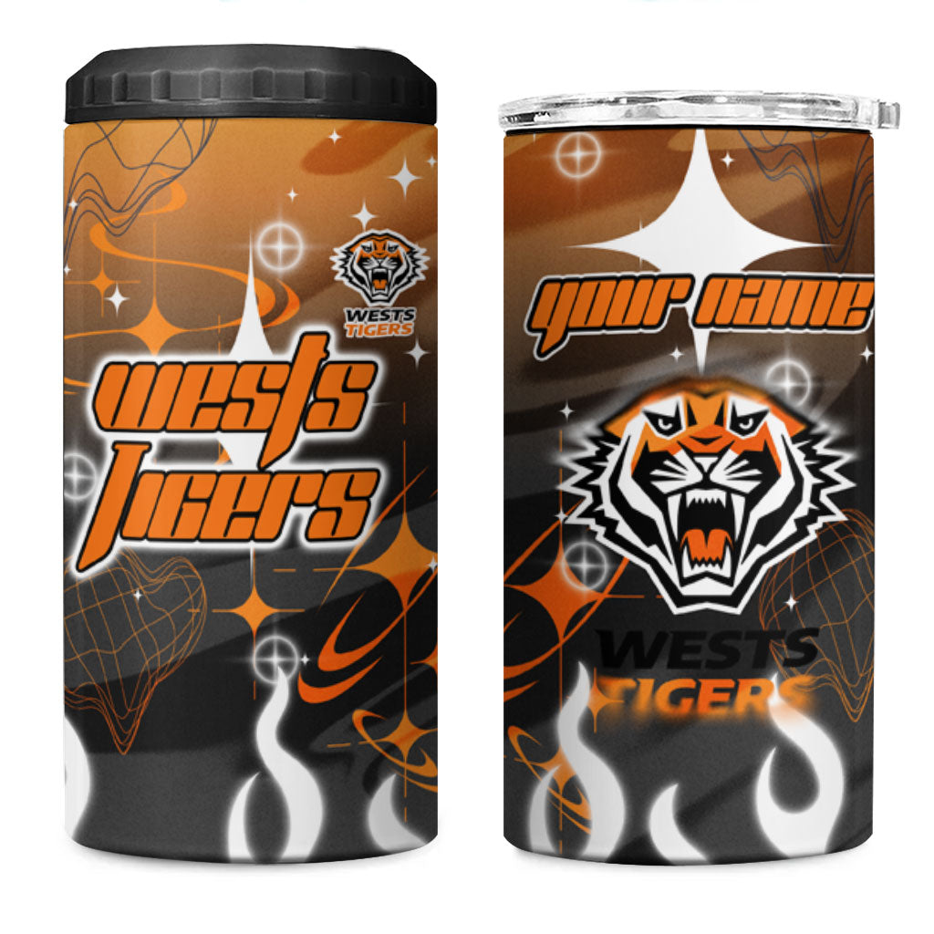 Personalized Wests Tigers 4 in 1 Can Cooler Tumbler Y2K Grunge Aesthetic With Cyber Flames and Starburst Graphics