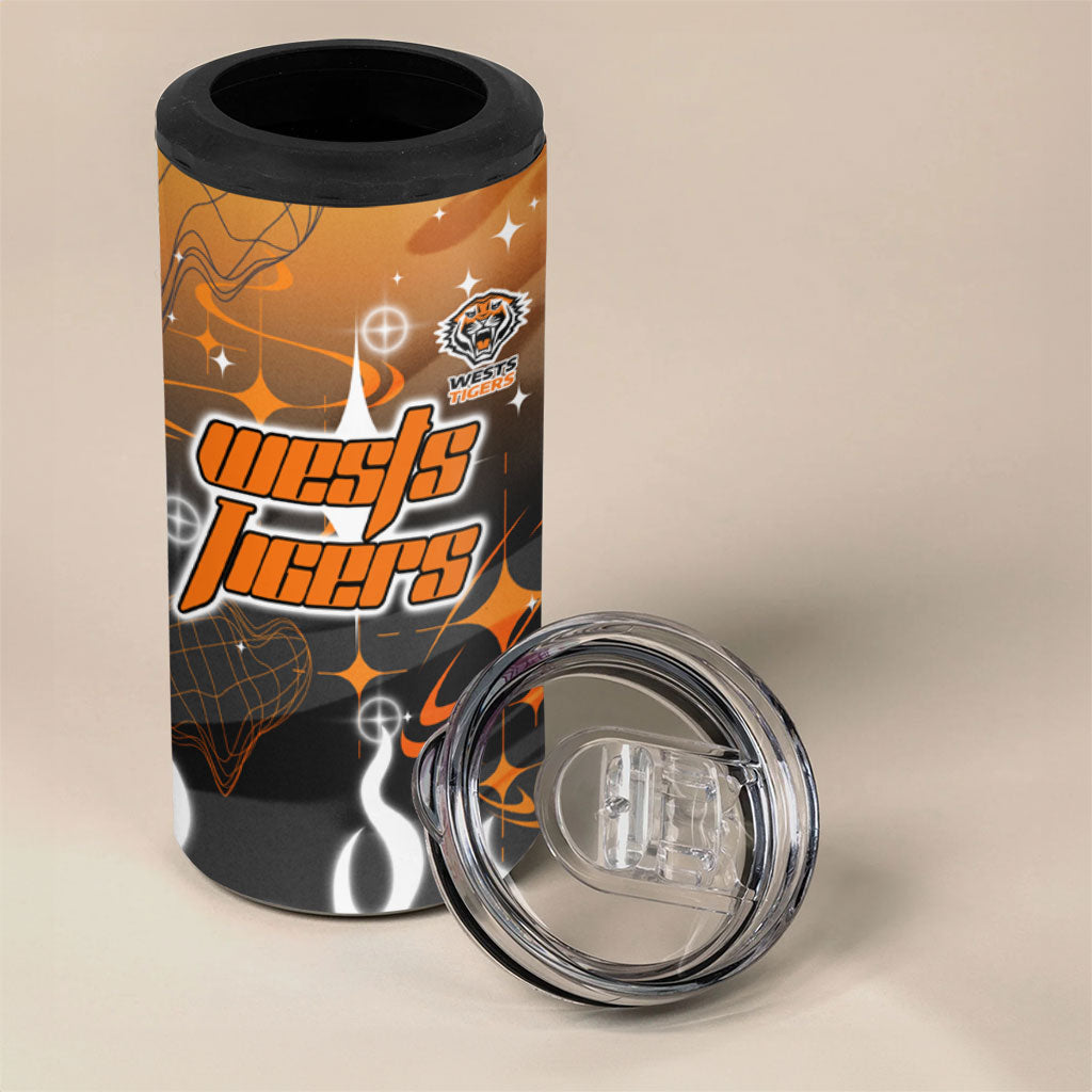 Personalized Wests Tigers 4 in 1 Can Cooler Tumbler Y2K Grunge Aesthetic With Cyber Flames and Starburst Graphics