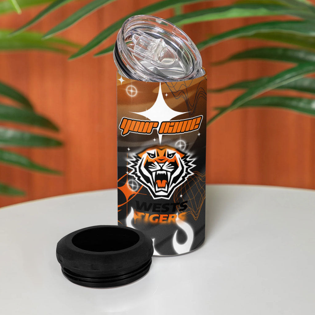 Personalized Wests Tigers 4 in 1 Can Cooler Tumbler Y2K Grunge Aesthetic With Cyber Flames and Starburst Graphics