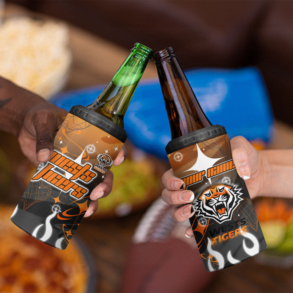 Personalized Wests Tigers 4 in 1 Can Cooler Tumbler Y2K Grunge Aesthetic With Cyber Flames and Starburst Graphics