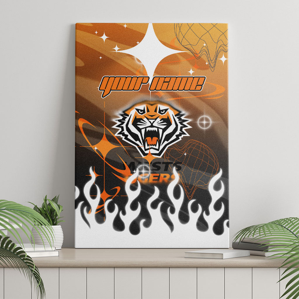 Personalized Wests Tigers Canvas Wall Art Y2K Grunge Aesthetic With Cyber Flames and Starburst Graphics
