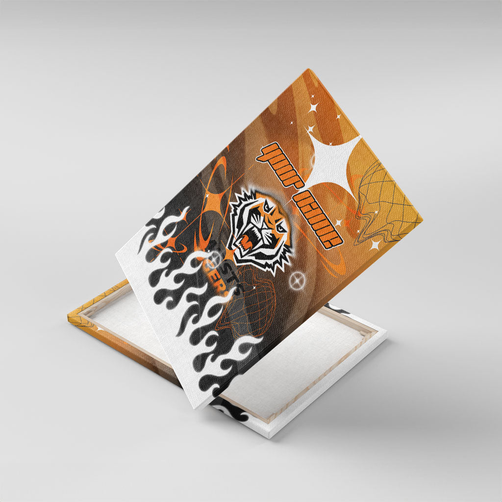 Personalized Wests Tigers Canvas Wall Art Y2K Grunge Aesthetic With Cyber Flames and Starburst Graphics