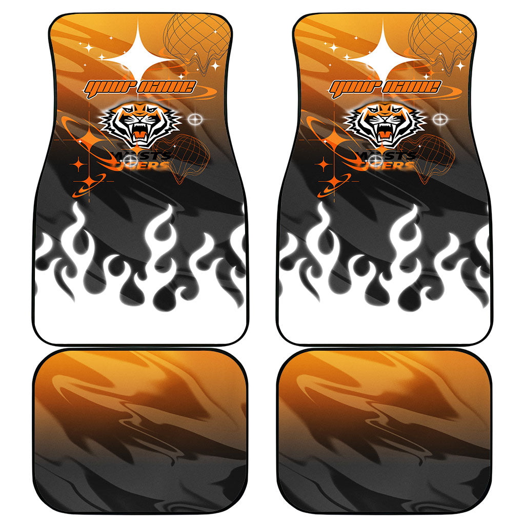 Personalized Wests Tigers Car Mats Y2K Grunge Aesthetic With Cyber Flames and Starburst Graphics