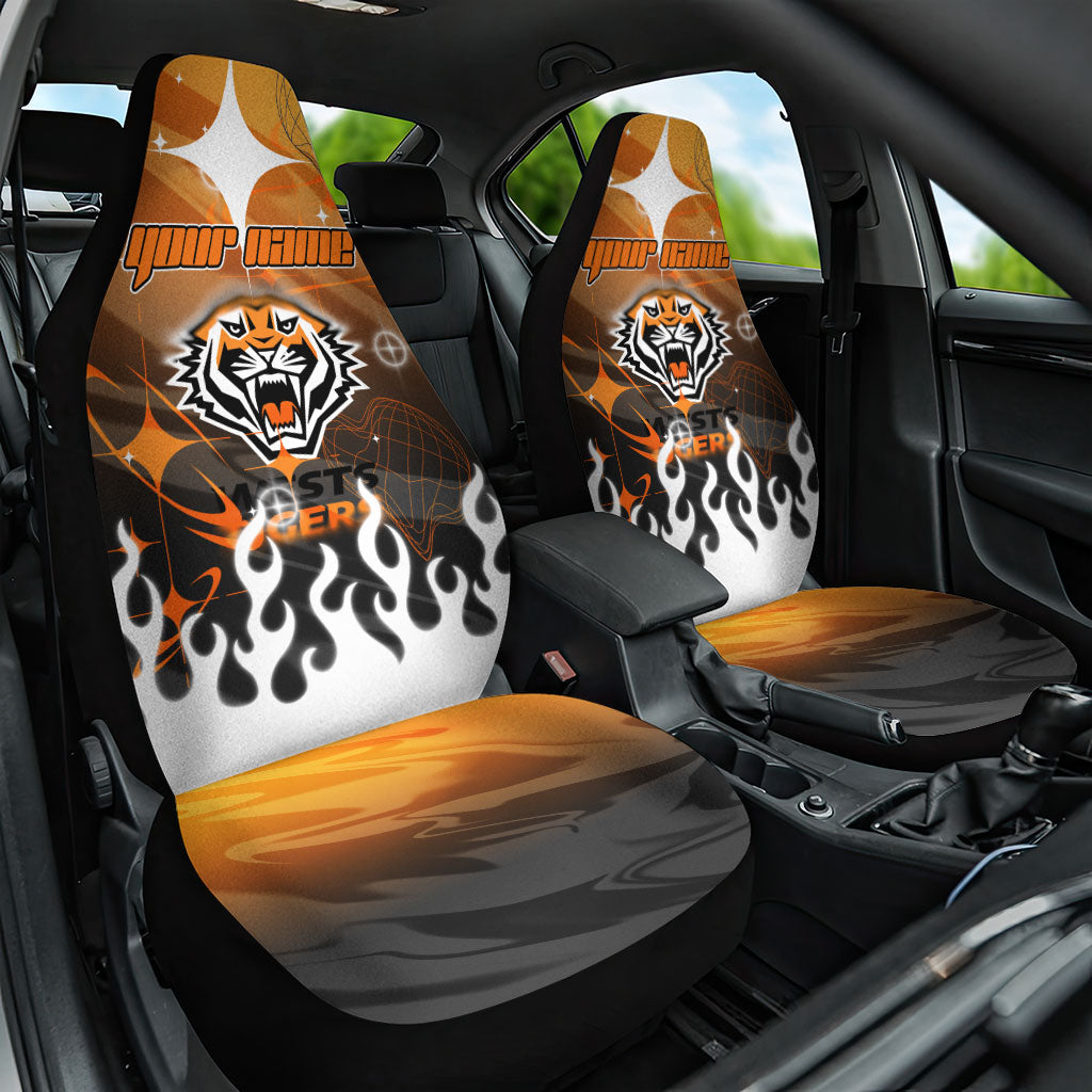Personalized Wests Tigers Car Seat Cover Y2K Grunge Aesthetic With Cyber Flames and Starburst Graphics