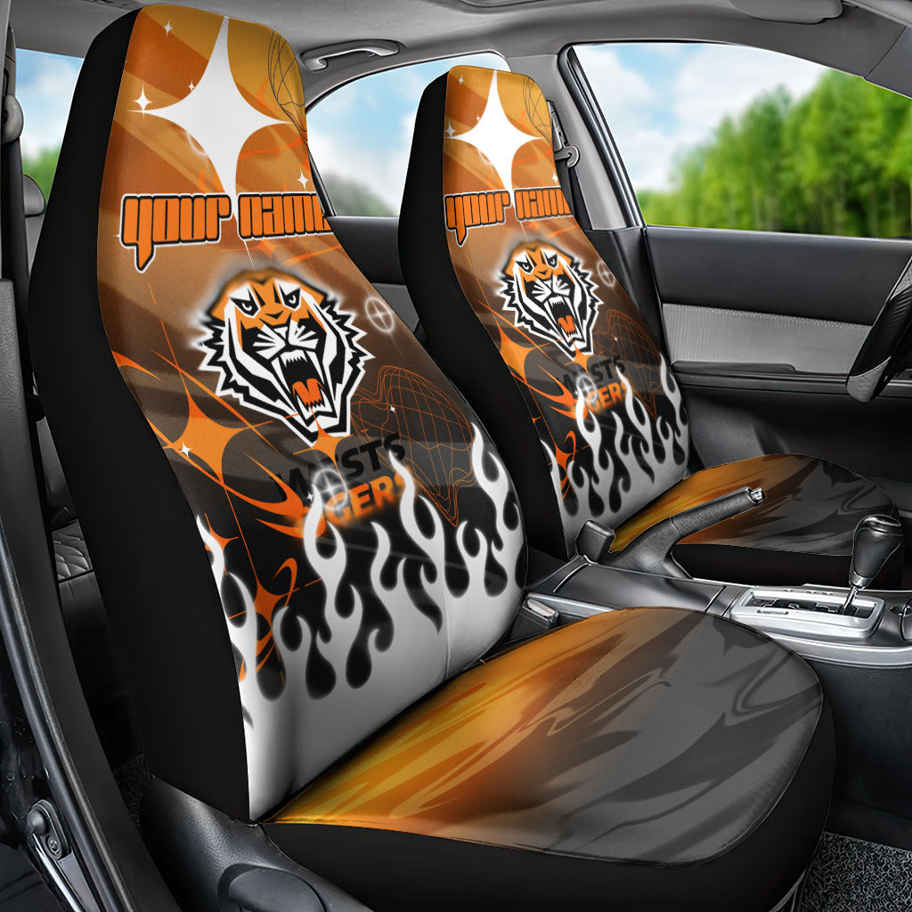 Personalized Wests Tigers Car Seat Cover Y2K Grunge Aesthetic With Cyber Flames and Starburst Graphics