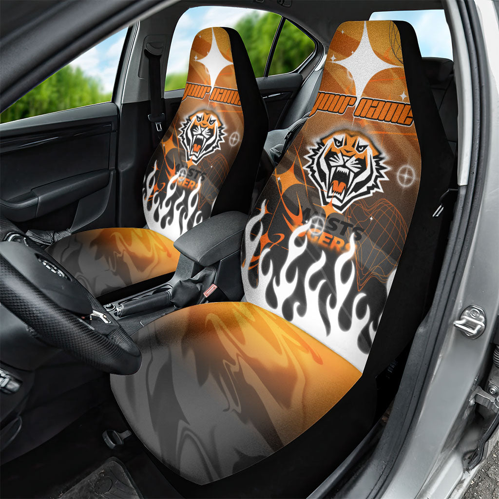 Personalized Wests Tigers Car Seat Cover Y2K Grunge Aesthetic With Cyber Flames and Starburst Graphics
