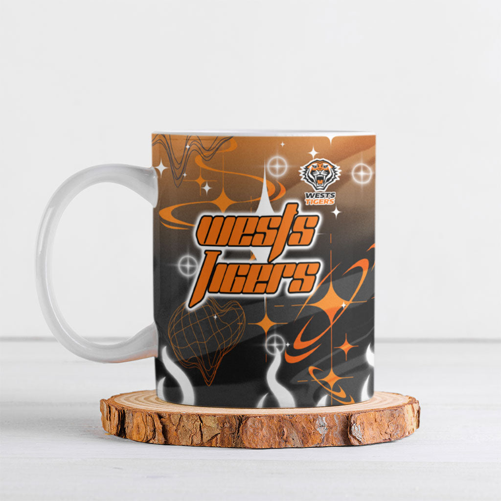 Personalized Wests Tigers Ceramic Mug Y2K Grunge Aesthetic With Cyber Flames and Starburst Graphics