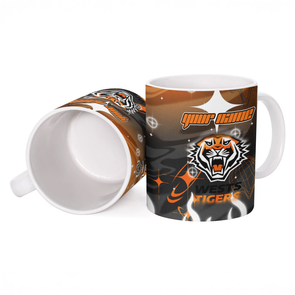 Personalized Wests Tigers Ceramic Mug Y2K Grunge Aesthetic With Cyber Flames and Starburst Graphics