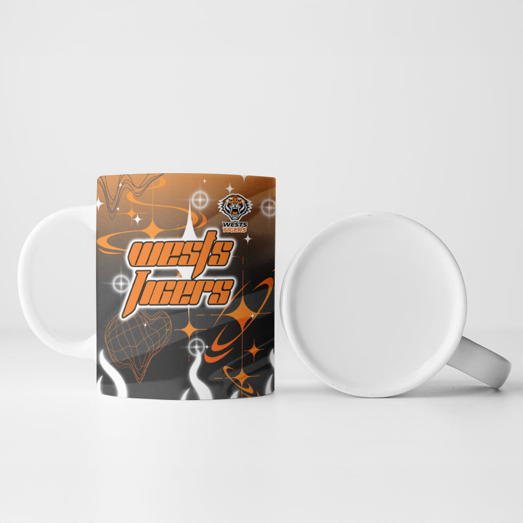 Personalized Wests Tigers Ceramic Mug Y2K Grunge Aesthetic With Cyber Flames and Starburst Graphics