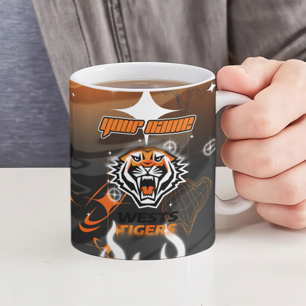 Personalized Wests Tigers Ceramic Mug Y2K Grunge Aesthetic With Cyber Flames and Starburst Graphics