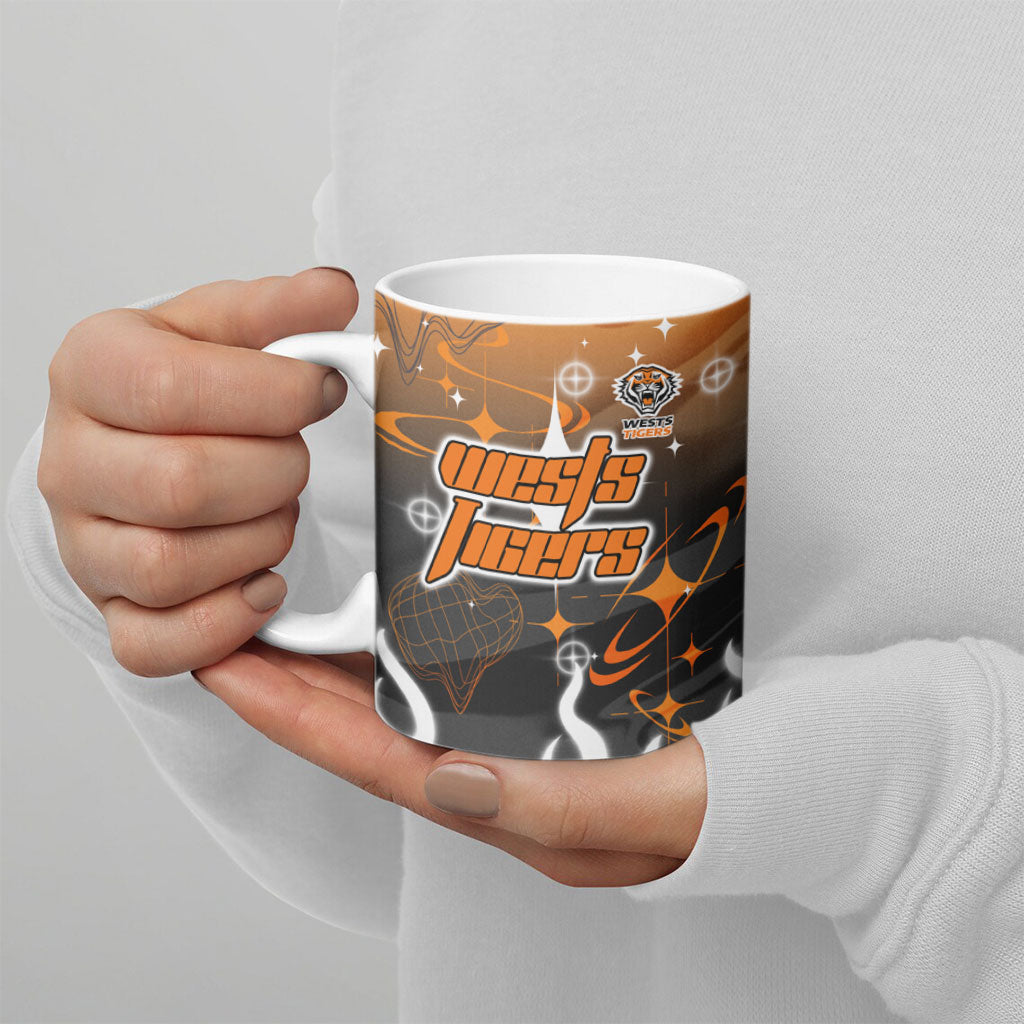Personalized Wests Tigers Ceramic Mug Y2K Grunge Aesthetic With Cyber Flames and Starburst Graphics