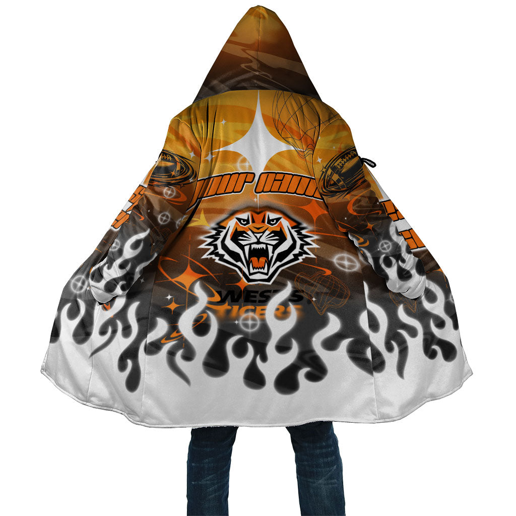 Personalized Wests Tigers Cloak Y2K Grunge Aesthetic With Cyber Flames and Starburst Graphics