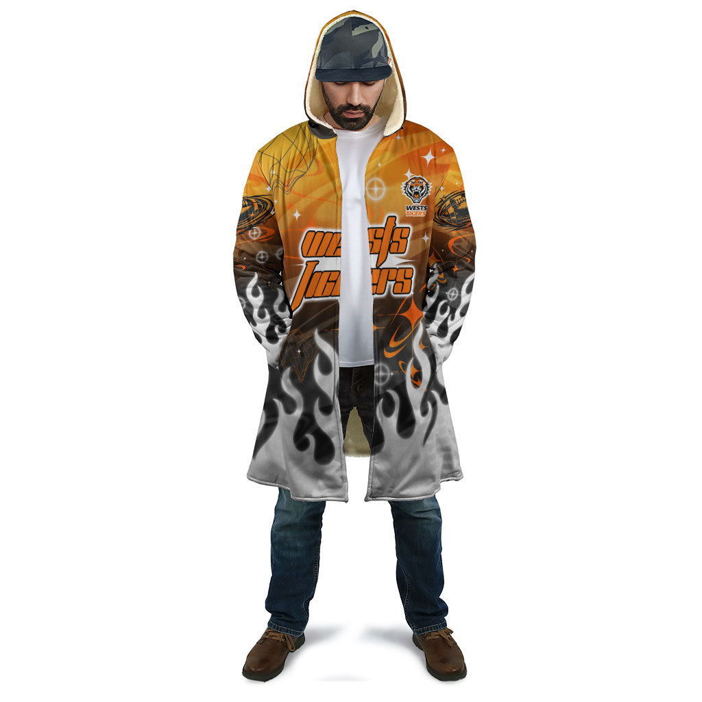 Personalized Wests Tigers Cloak Y2K Grunge Aesthetic With Cyber Flames and Starburst Graphics