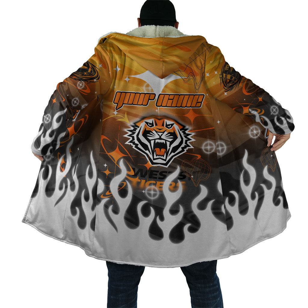 Personalized Wests Tigers Cloak Y2K Grunge Aesthetic With Cyber Flames and Starburst Graphics