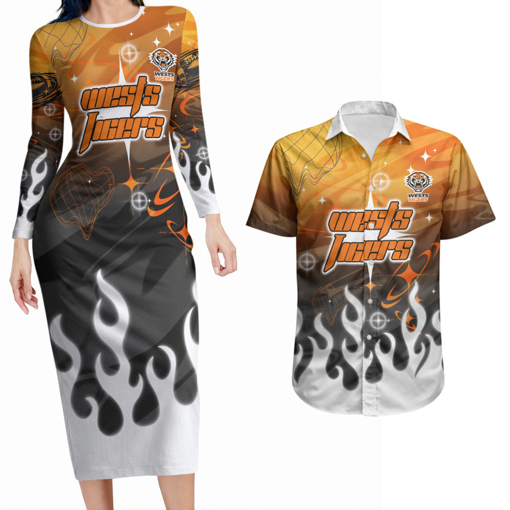 Personalized Wests Tigers Couples Matching Long Sleeve Bodycon Dress and Hawaiian Shirt Y2K Grunge Aesthetic With Cyber Flames and Starburst Graphics