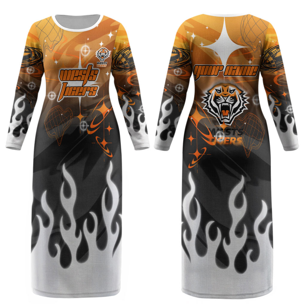 Personalized Wests Tigers Couples Matching Long Sleeve Bodycon Dress and Hawaiian Shirt Y2K Grunge Aesthetic With Cyber Flames and Starburst Graphics