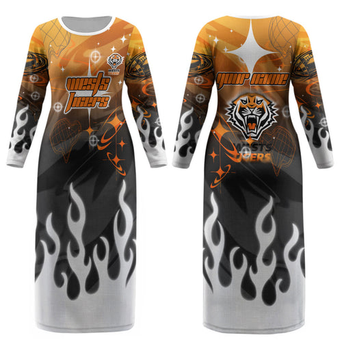 Personalized Wests Tigers Couples Matching Long Sleeve Bodycon Dress and Hawaiian Shirt Y2K Grunge Aesthetic With Cyber Flames and Starburst Graphics