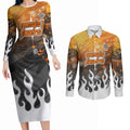 Personalized Wests Tigers Couples Matching Long Sleeve Bodycon Dress and Long Sleeve Button Shirt Y2K Grunge Aesthetic With Cyber Flames and Starburst Graphics