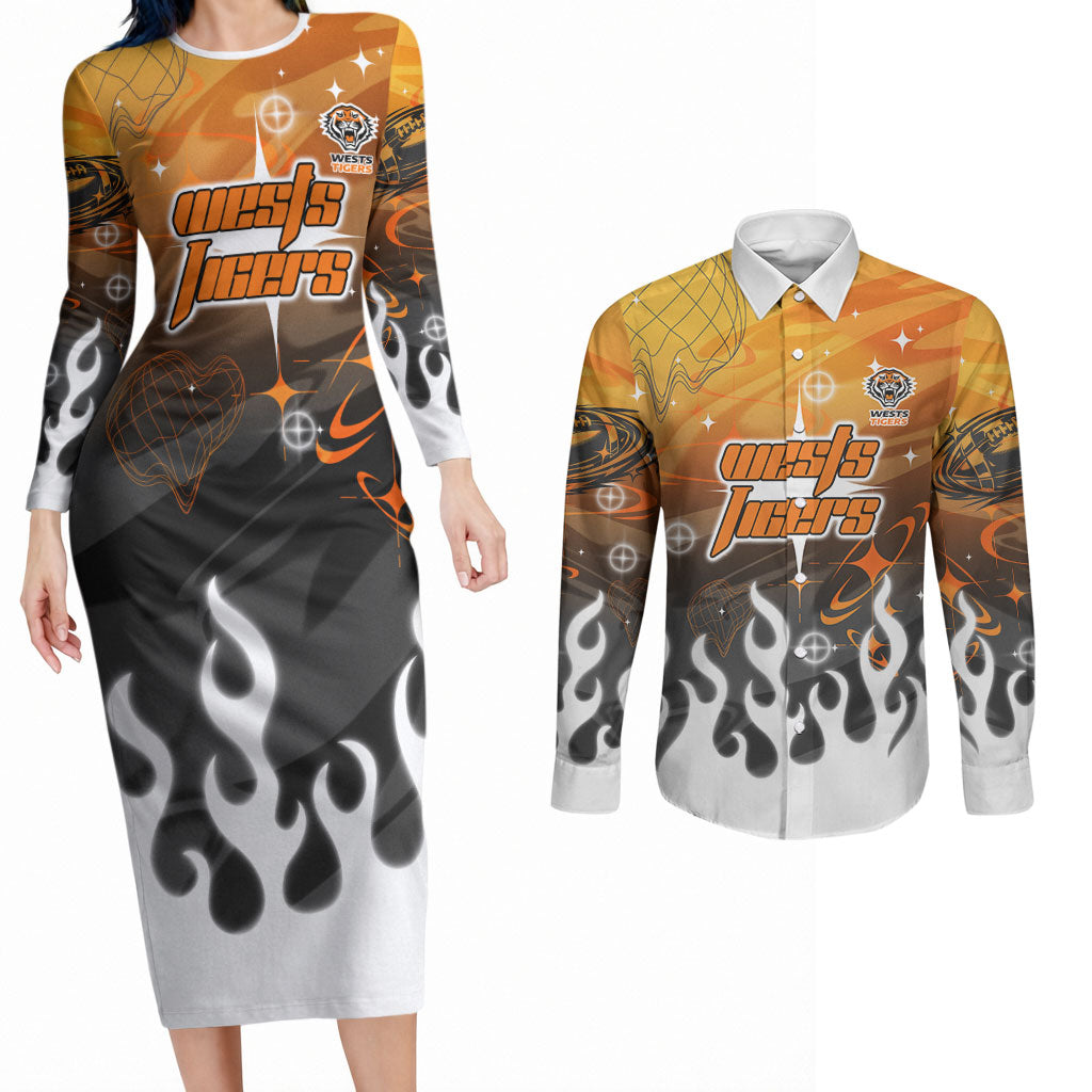 Personalized Wests Tigers Couples Matching Long Sleeve Bodycon Dress and Long Sleeve Button Shirt Y2K Grunge Aesthetic With Cyber Flames and Starburst Graphics
