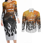 Personalized Wests Tigers Couples Matching Long Sleeve Bodycon Dress and Long Sleeve Button Shirt Y2K Grunge Aesthetic With Cyber Flames and Starburst Graphics