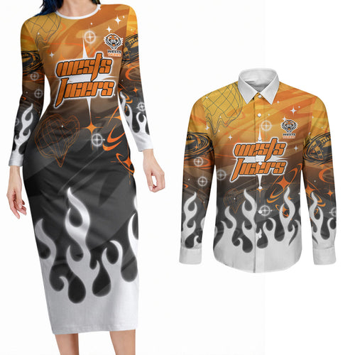 Personalized Wests Tigers Couples Matching Long Sleeve Bodycon Dress and Long Sleeve Button Shirt Y2K Grunge Aesthetic With Cyber Flames and Starburst Graphics