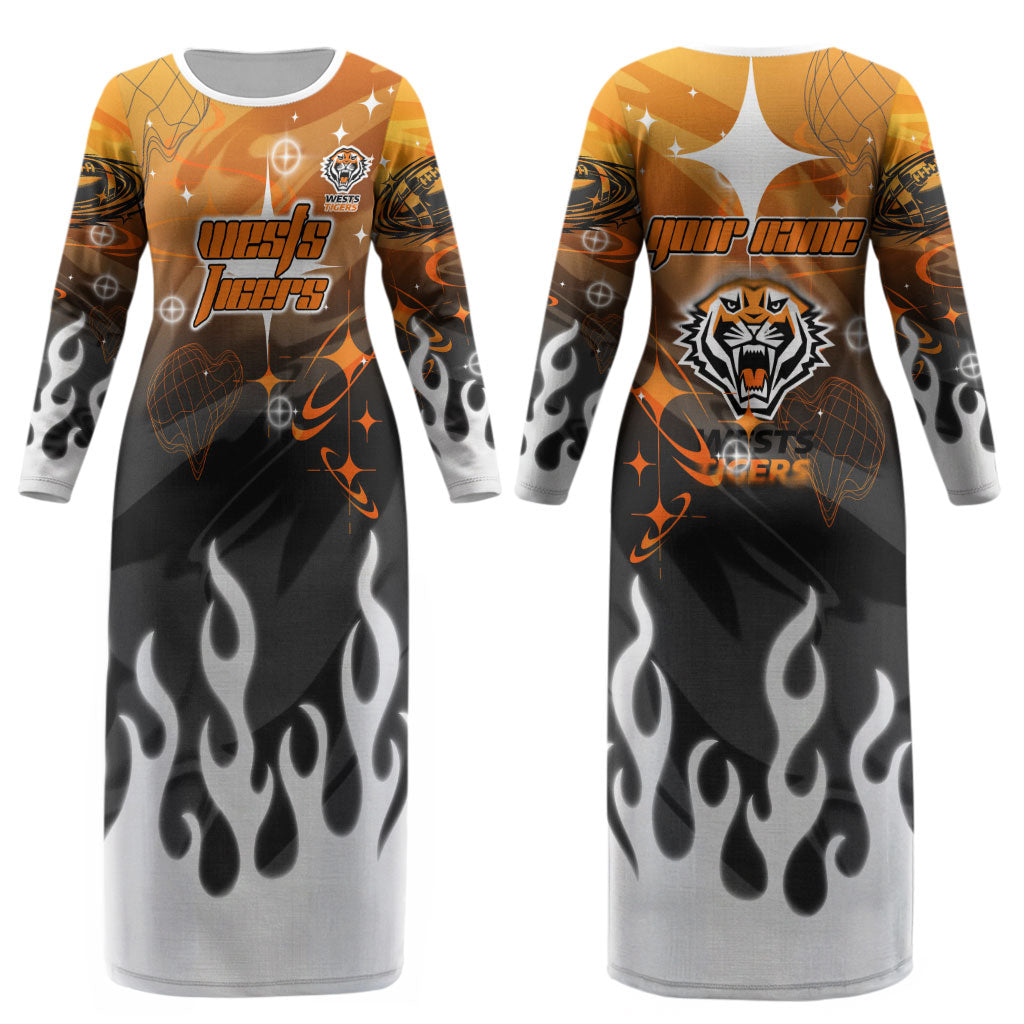 Personalized Wests Tigers Couples Matching Long Sleeve Bodycon Dress and Long Sleeve Button Shirt Y2K Grunge Aesthetic With Cyber Flames and Starburst Graphics