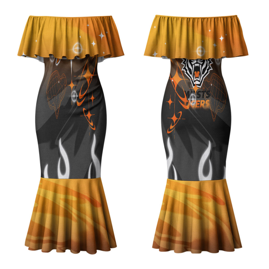 Personalized Wests Tigers Couples Matching Mermaid Dress and Hawaiian Shirt Y2K Grunge Aesthetic With Cyber Flames and Starburst Graphics