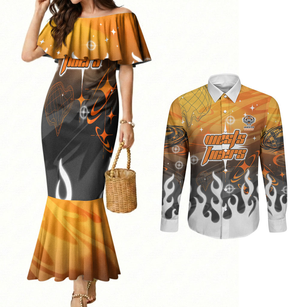 Personalized Wests Tigers Couples Matching Mermaid Dress and Long Sleeve Button Shirt Y2K Grunge Aesthetic With Cyber Flames and Starburst Graphics